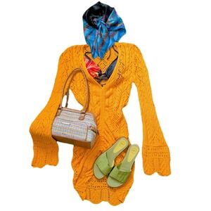 Luna B Boho Beachy Bright Citrus Orange Ruched Bell sleeve Crochet Mini Dress